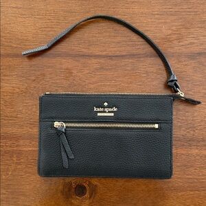 Kate Spade Black Leather Wristlet with Gold Zipper